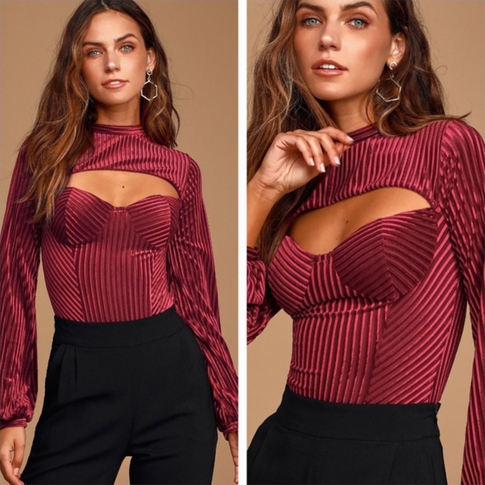 Lulus Always Alluring Burgundy Striped Velvet Cutout Bustier Bodysuit